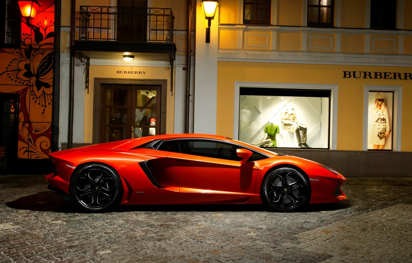Photo wallpaper Auto, The city, Lamborghini, Orange, The building, side view, Supercar, Aventador