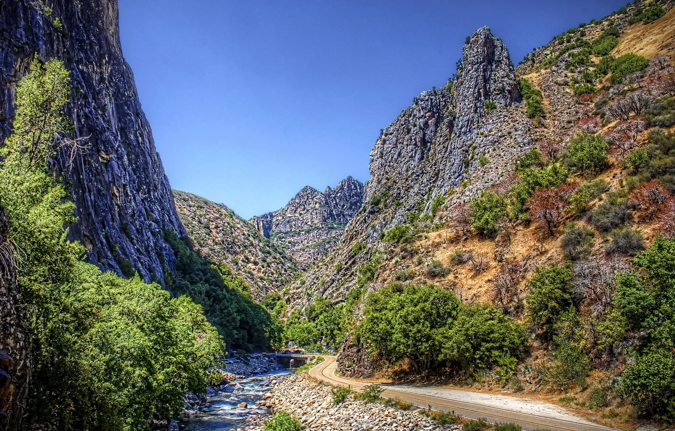Photo wallpaper road, trees, mountains, bridge, stones, CA, USA, river