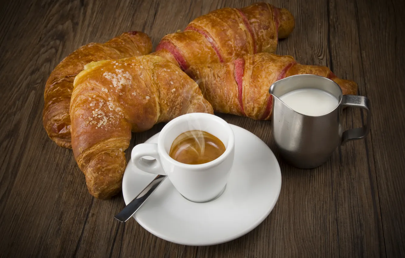 Photo wallpaper coffee, Breakfast, milk, coffee, breakfast, croissant, milk, growing