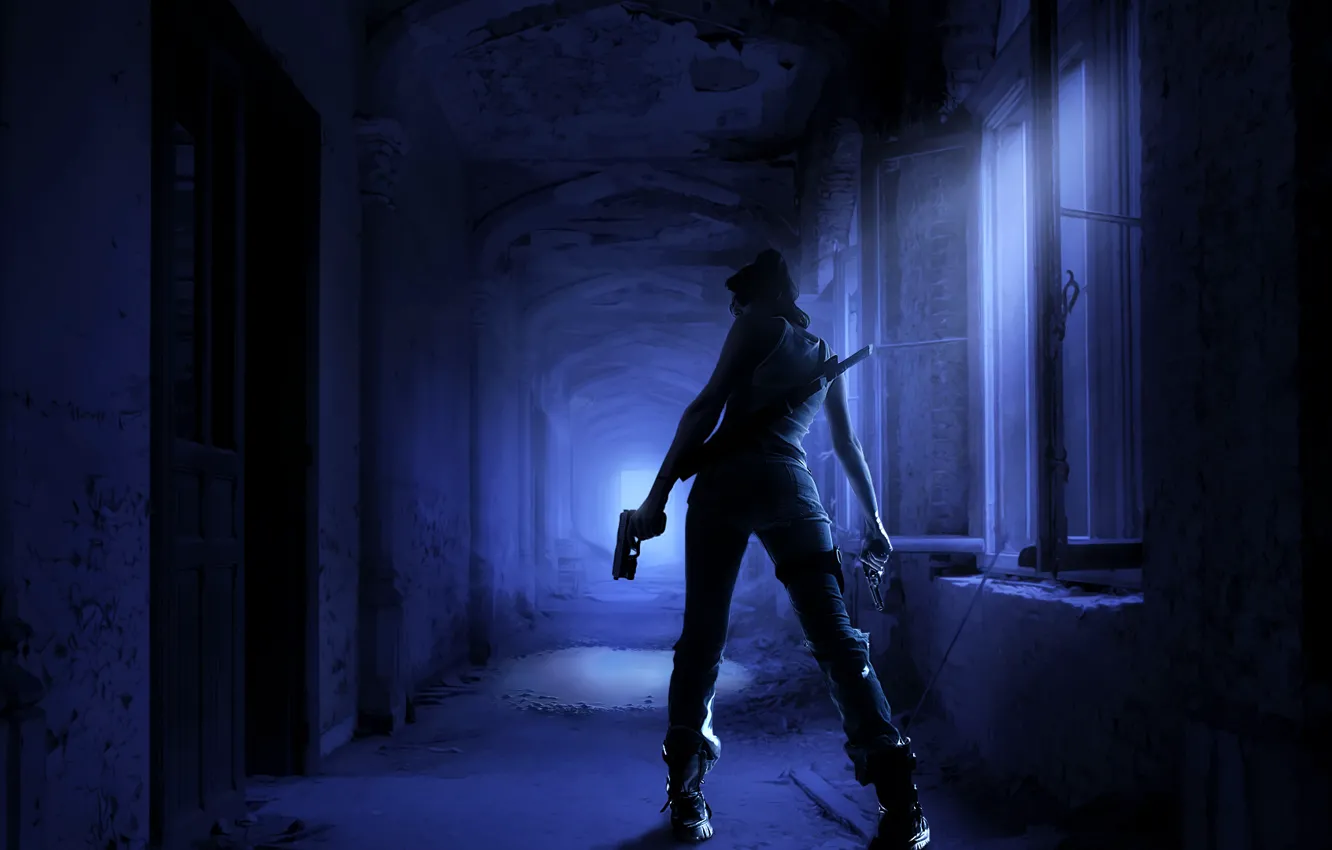 Photo wallpaper girl, night, gun, weapons, sword, corridor, killer, gloomy