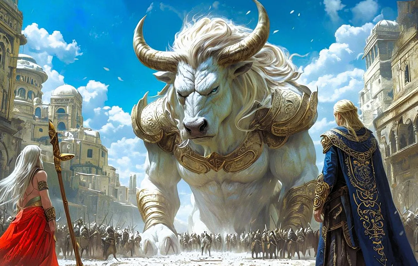 Photo wallpaper clouds, power, power, bull, digital art, blue sky, a mythical creature, digital art