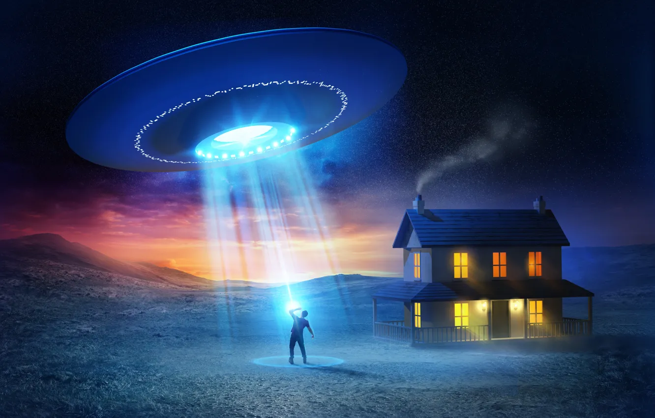 Photo wallpaper house, people, UFO, UFO, flying saucer, abduction