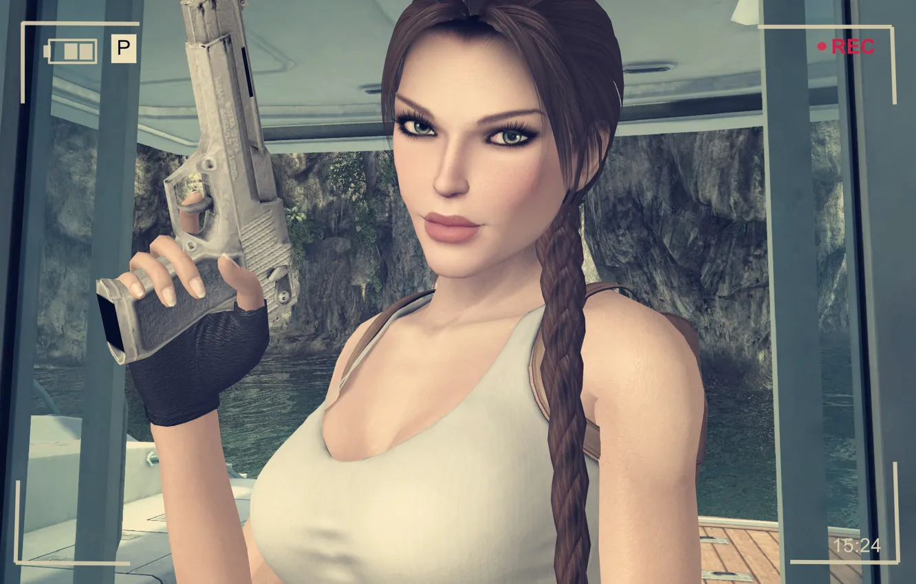 Photo wallpaper look, face, eyelashes, gun, weapons, camera, Tomb Raider, Lara Croft