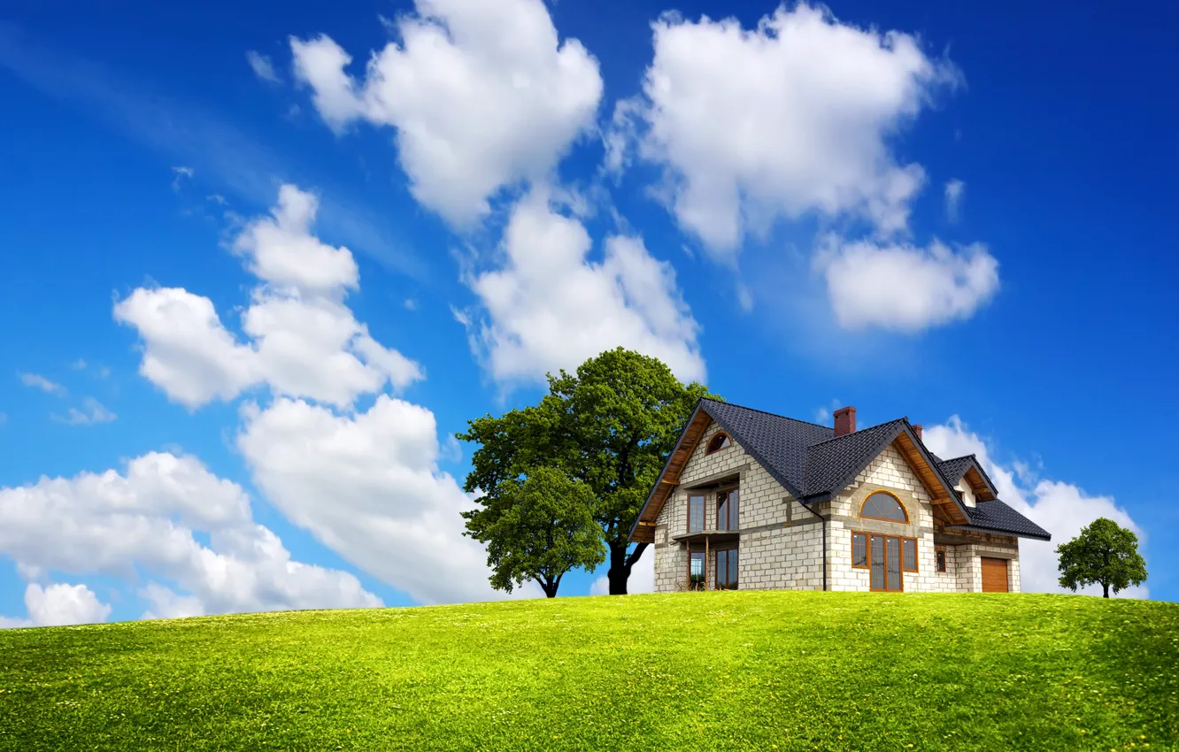 Photo wallpaper greens, field, the sky, grass, clouds, trees, house, blue