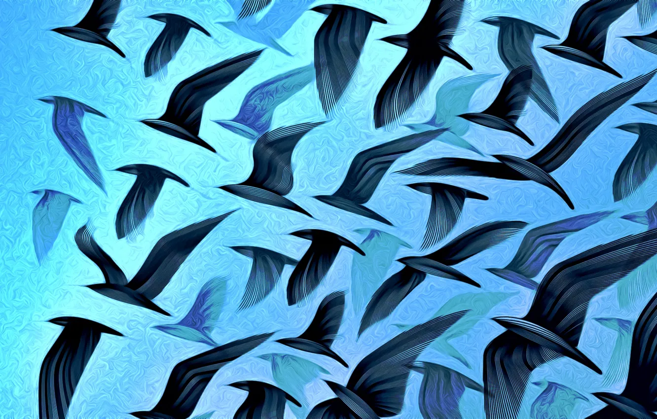 Photo wallpaper flight, birds, abstraction, rendering, background, seagulls, wings, pack