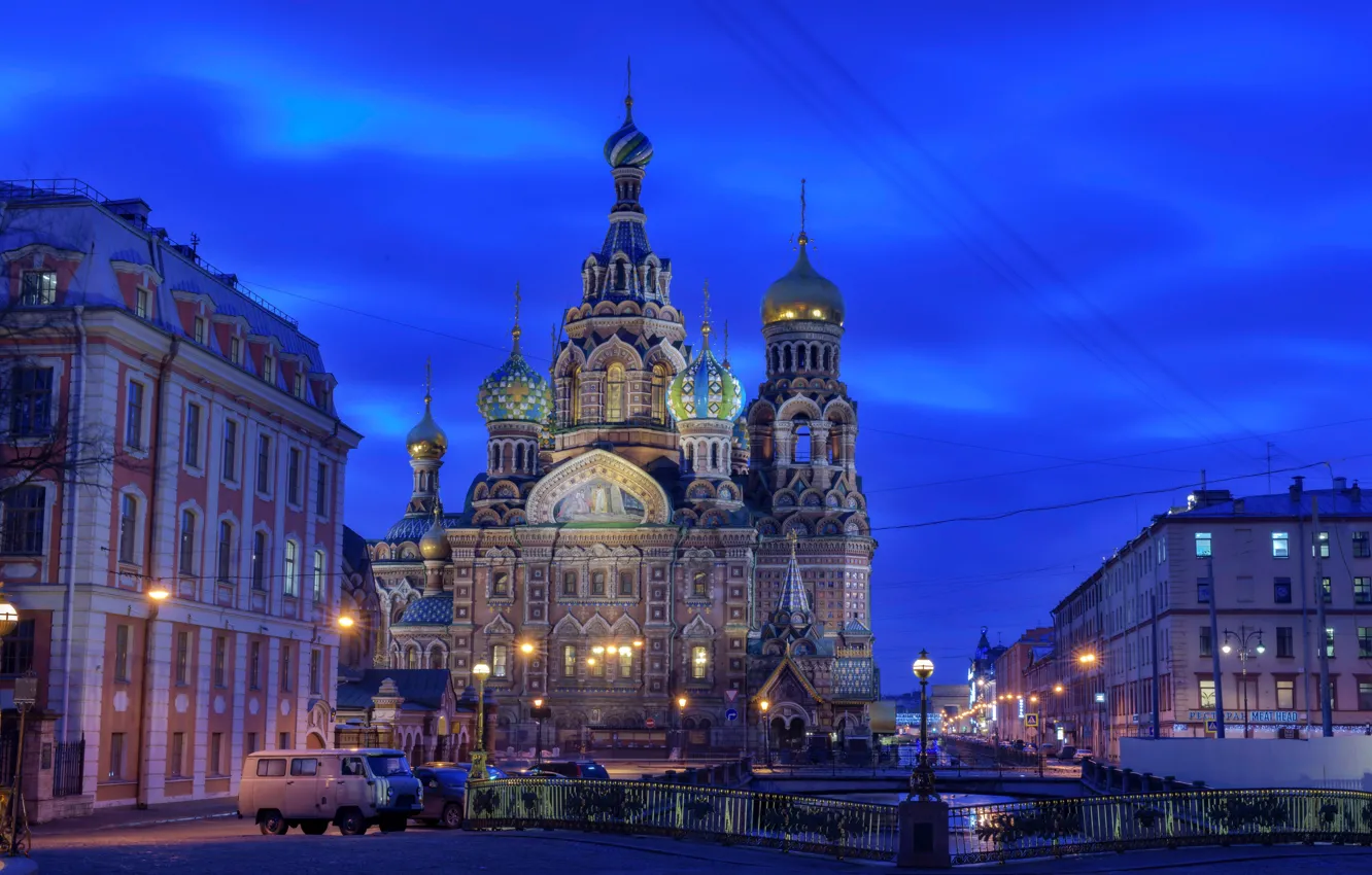 Photo wallpaper the sky, lights, home, the evening, lights, Saint Petersburg, Church, channel