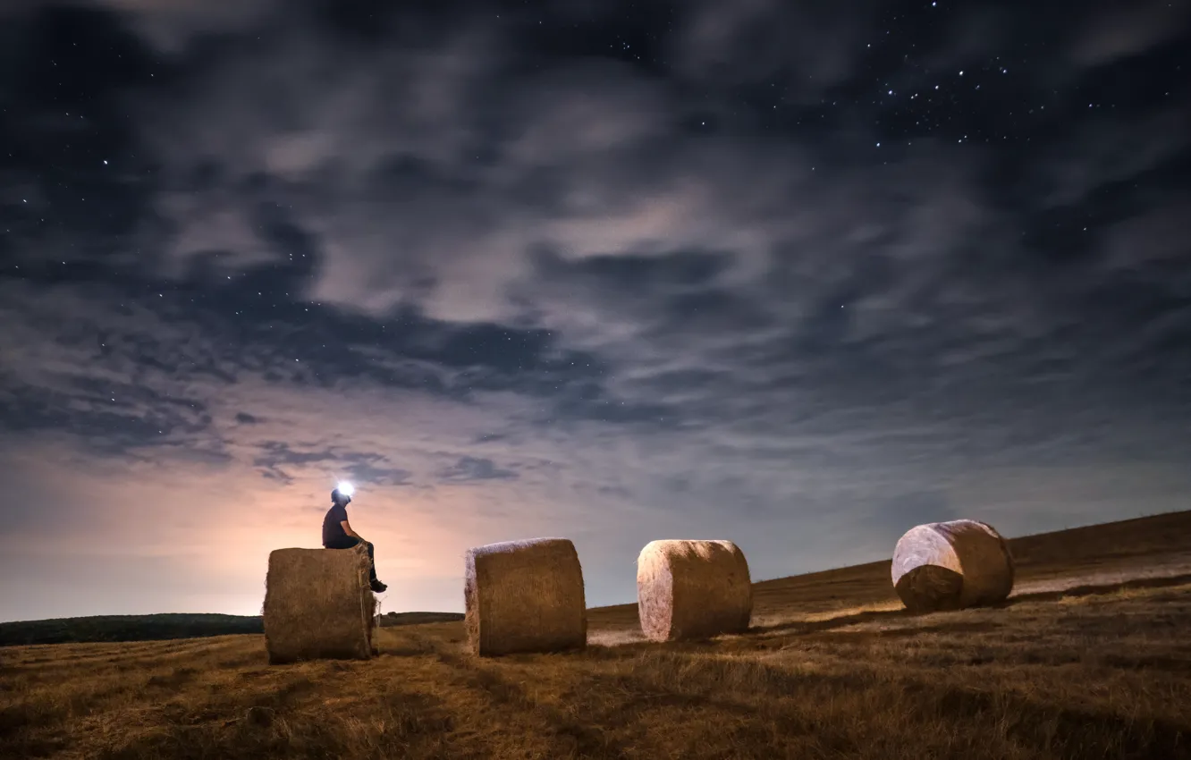 Photo wallpaper field, stars, night, people, hay, Kip