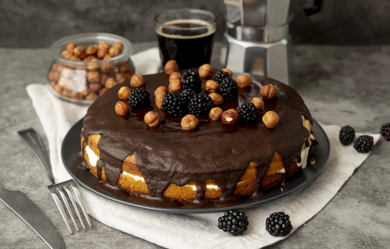 Photo wallpaper berries, coffee, chocolate, pie, cake, plug, nuts, cake