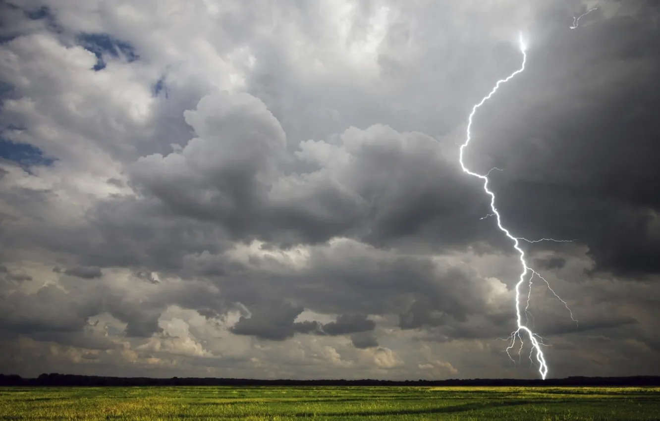 Photo wallpaper field, clouds, lightning
