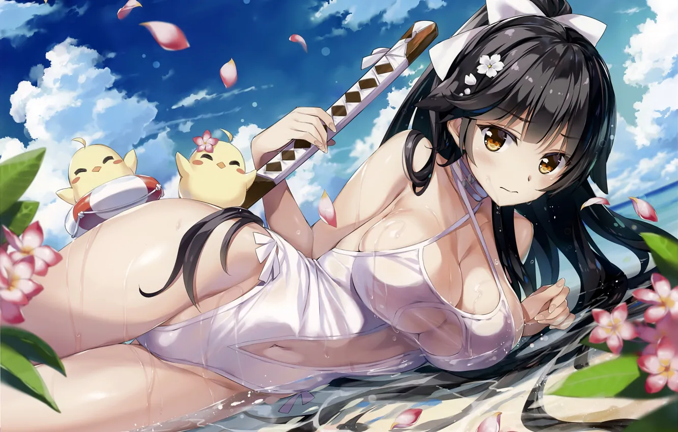 Photo wallpaper girl, sword, sexy, wet, cleavage, long hair, boobs, anime