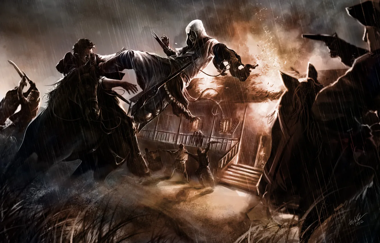 Photo wallpaper fire, horse, people, assassins creed, Scars of Freedom 3