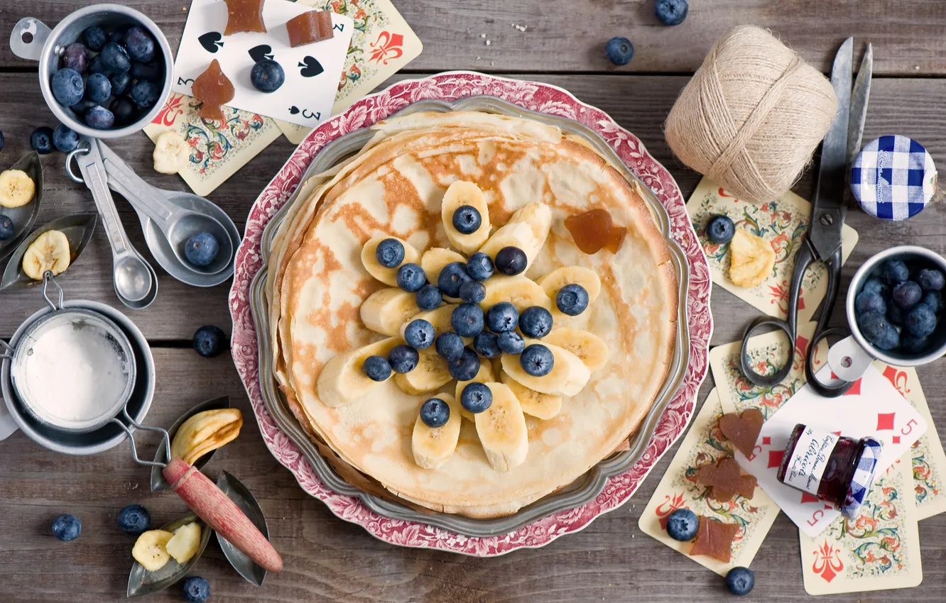 Photo wallpaper card, berries, blueberries, bananas, still life, pancakes, scissors