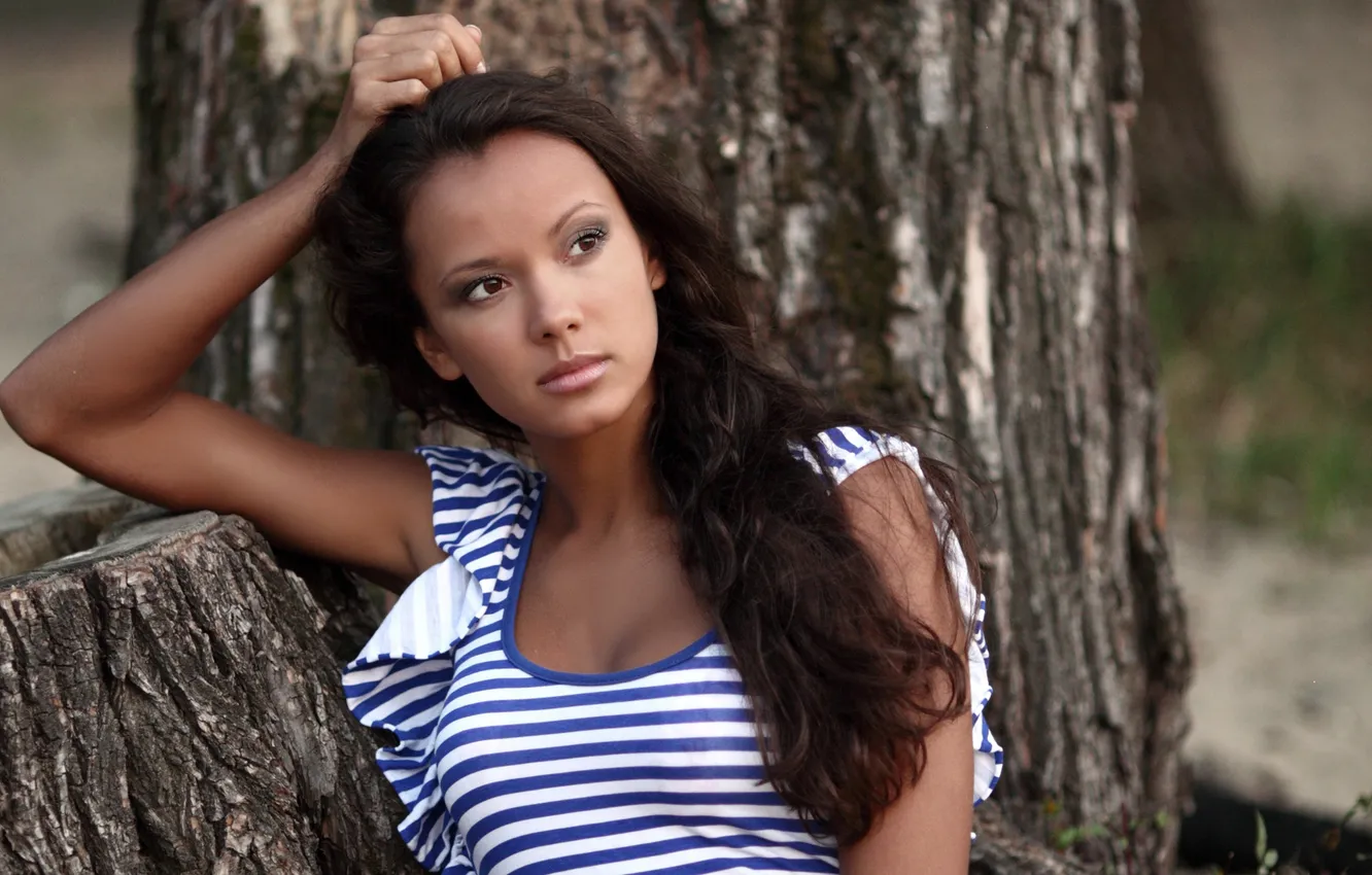 Photo wallpaper girl, trees, reverie, brown hair, brown-eyed