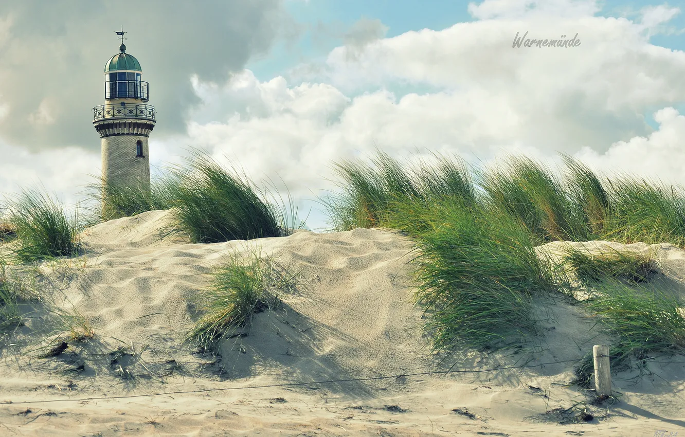 Photo wallpaper sand, sea, beach, the sky, clouds, lighthouse, Germany, resort