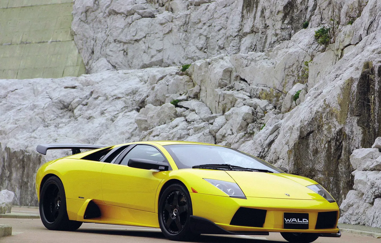 Photo wallpaper mountains, rocks, spoiler, Lamborghini, Murcielago with, lamborghini murcielago s