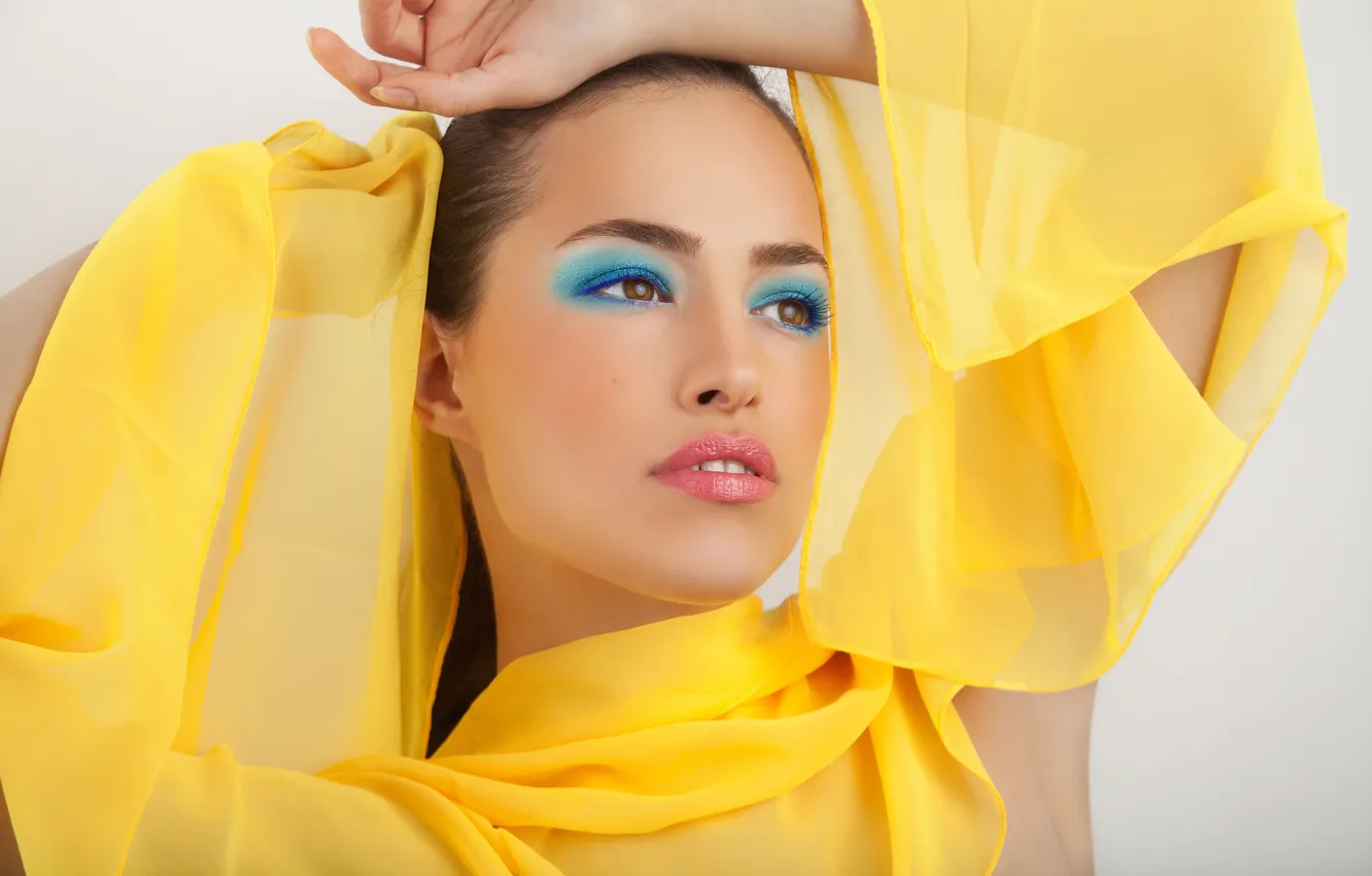 Photo wallpaper look, eyelashes, model, shadow, hands, makeup, shawl, yellow fabric