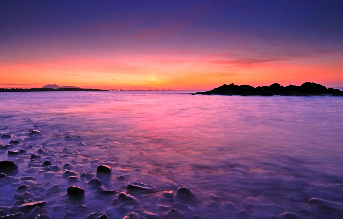 Photo wallpaper sea, landscape, sunset, nature, stones, horizon