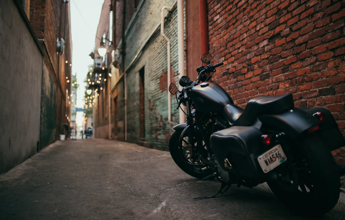 Photo wallpaper brick, Harley Davidson, lane, black, motorcycle