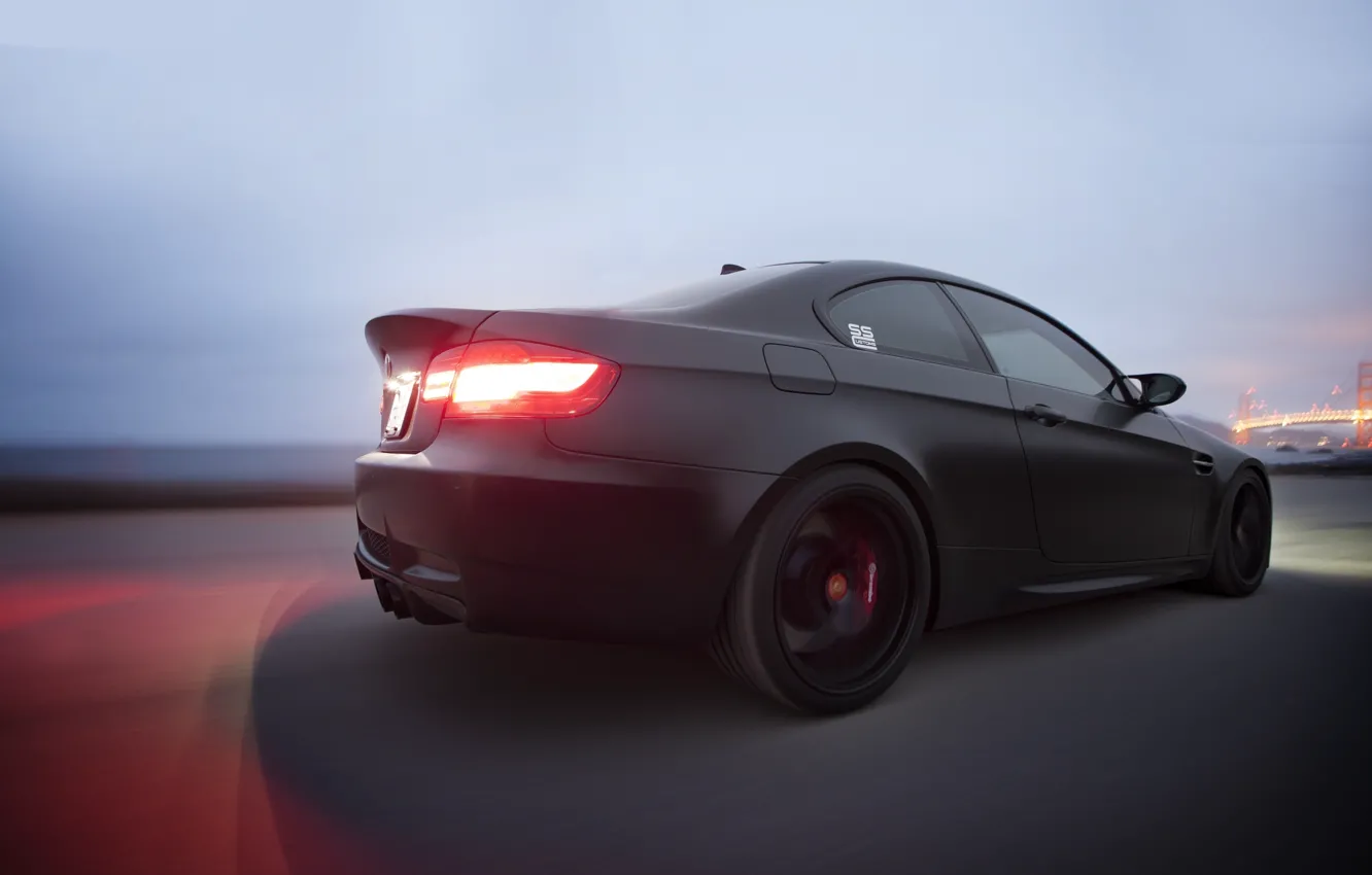 Photo wallpaper black, bmw, BMW, Matt, rear view, speed, headlights, e92