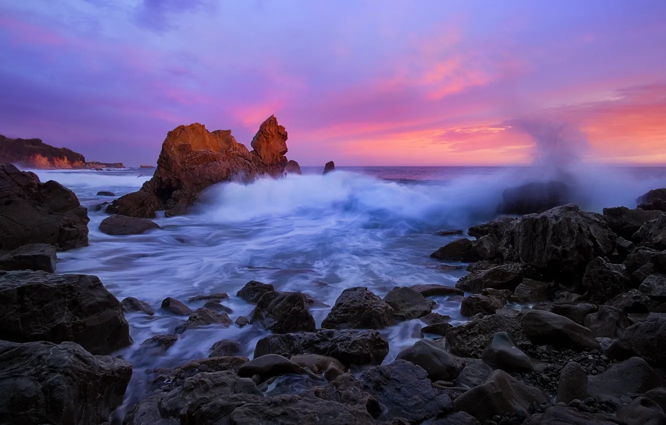 Photo wallpaper wave, sunset, stones, the ocean, rocks, CA, Pacific Ocean, California