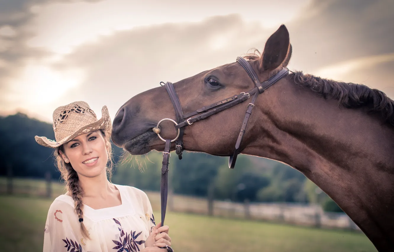 Photo wallpaper girl, horse, hat