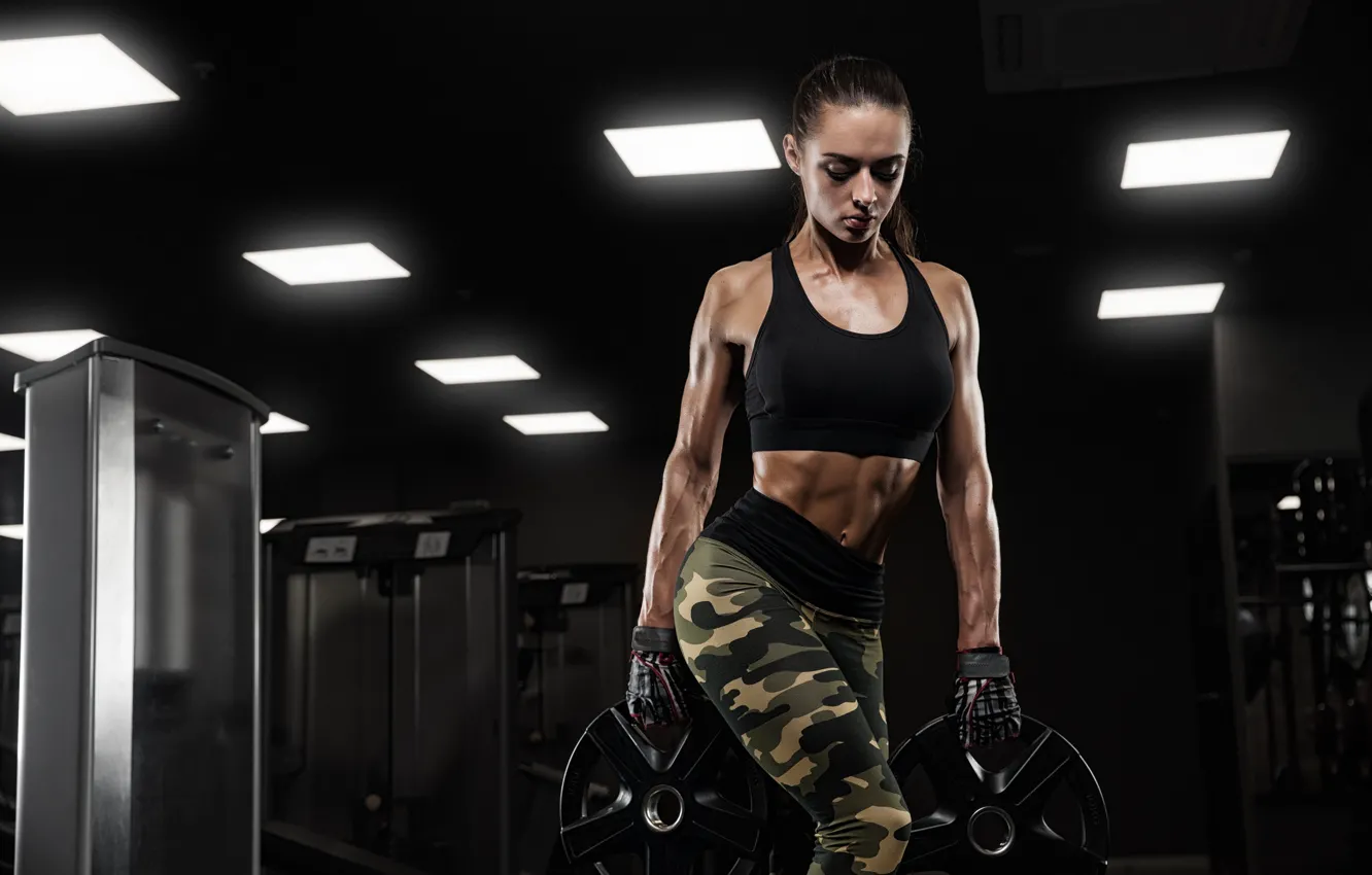 Photo wallpaper brunette, pose, Force, female, workout, fitness, sportswear