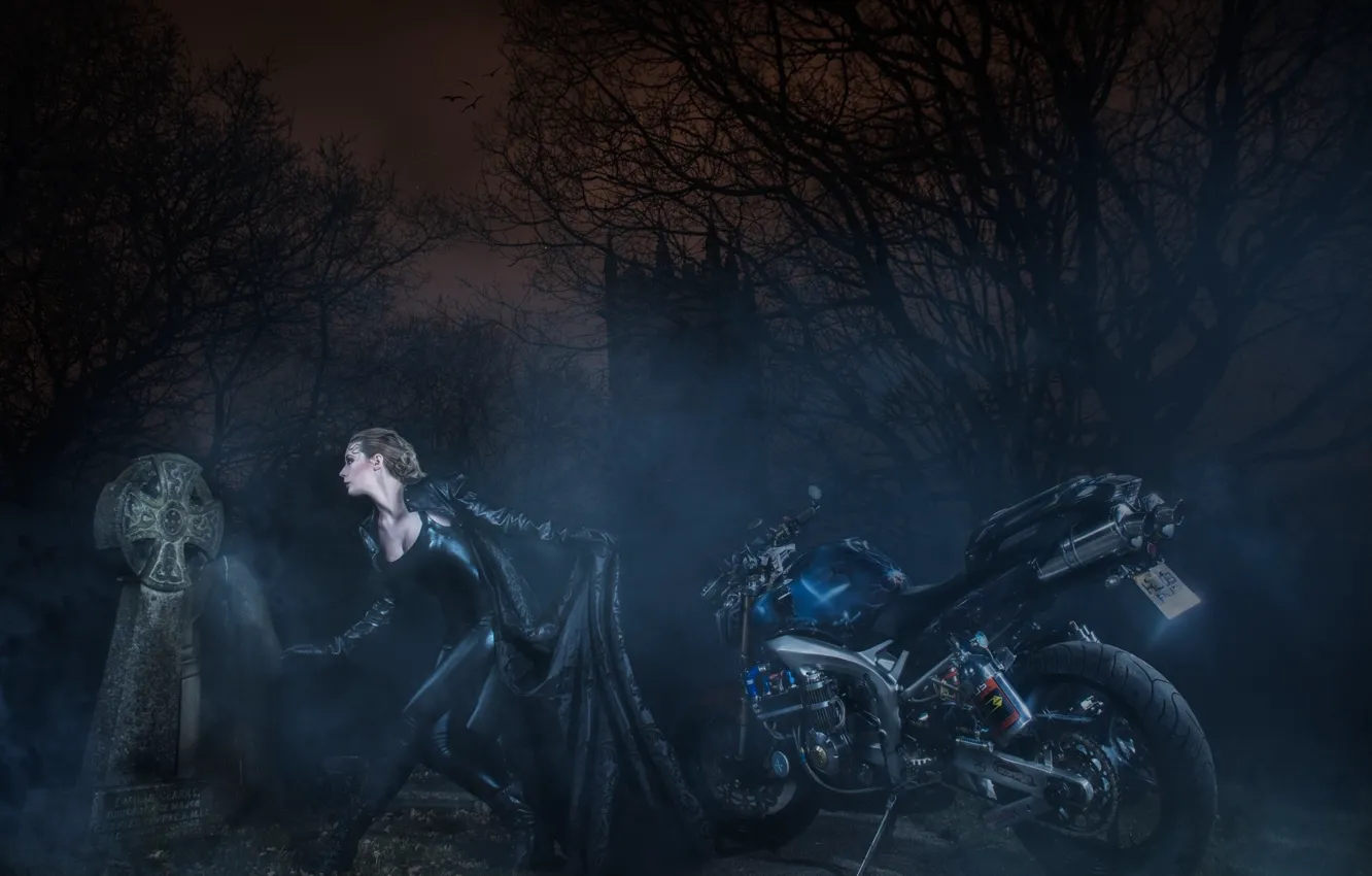 Photo wallpaper girl, night, motorcycle, photoart