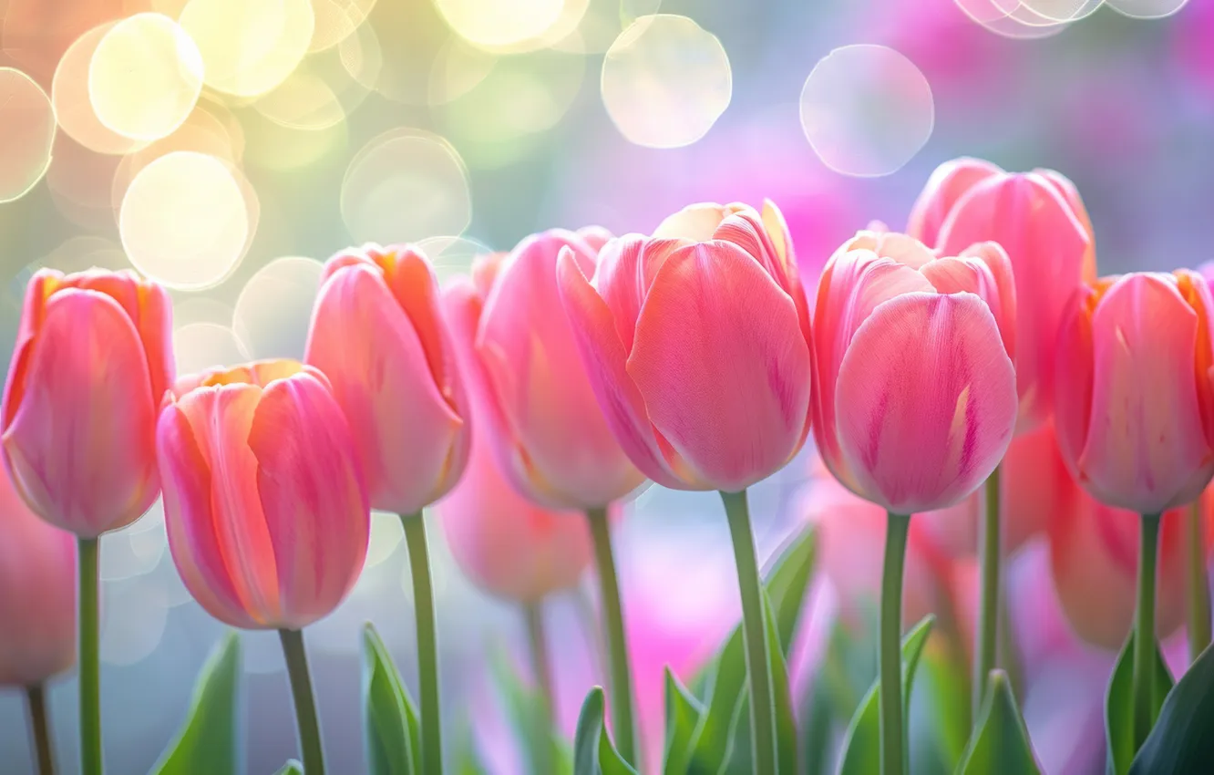Photo wallpaper flowers, bokeh, tulips, AI art, spring, garden, neural network