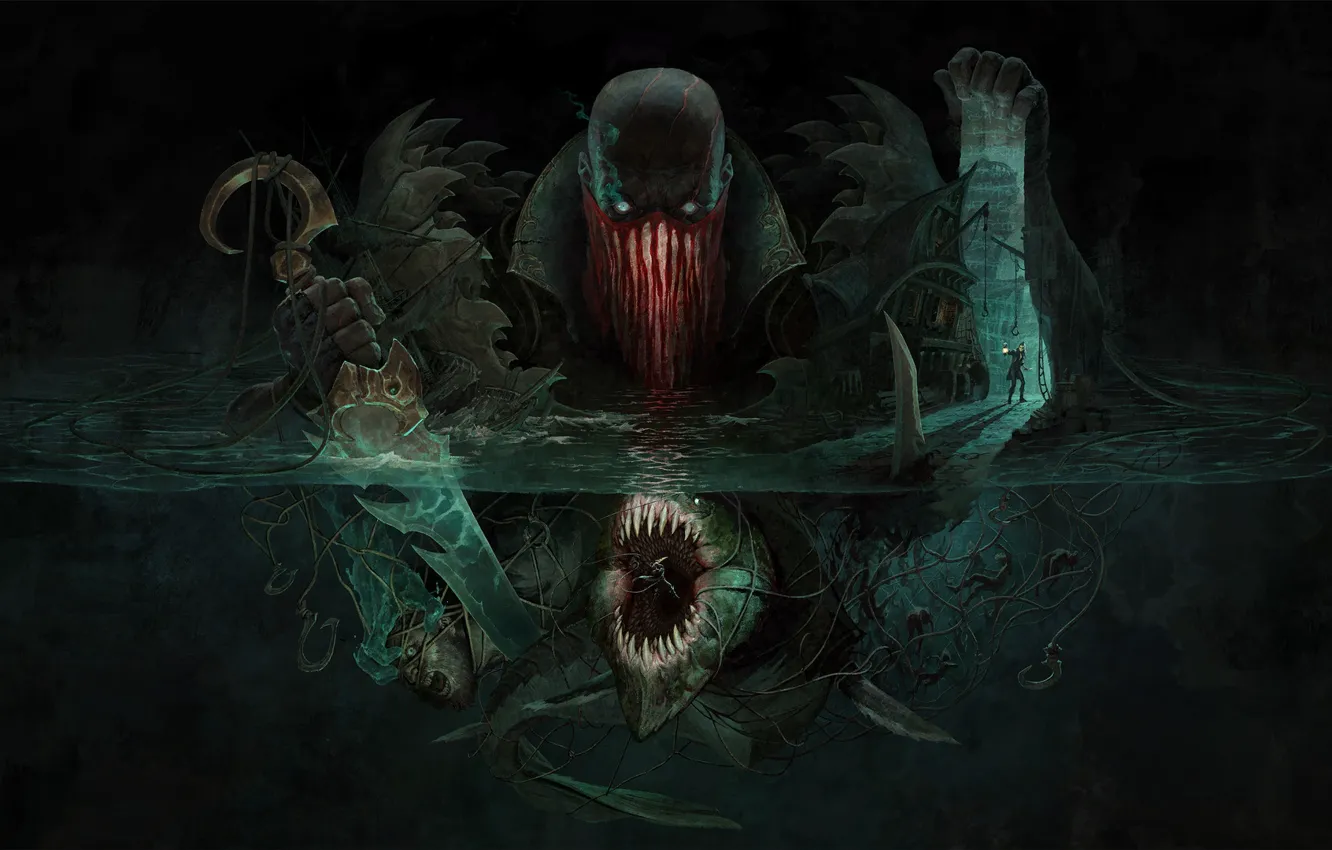 Photo wallpaper water, reflection, dagger, fantasy, water, art, Jason Chan, League of Legends