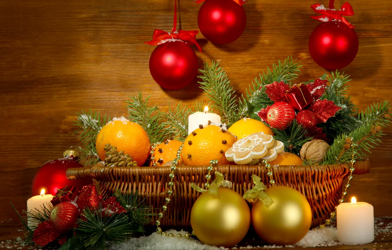 Photo wallpaper decoration, basket, tree, oranges, New Year, Christmas, Christmas, decoration