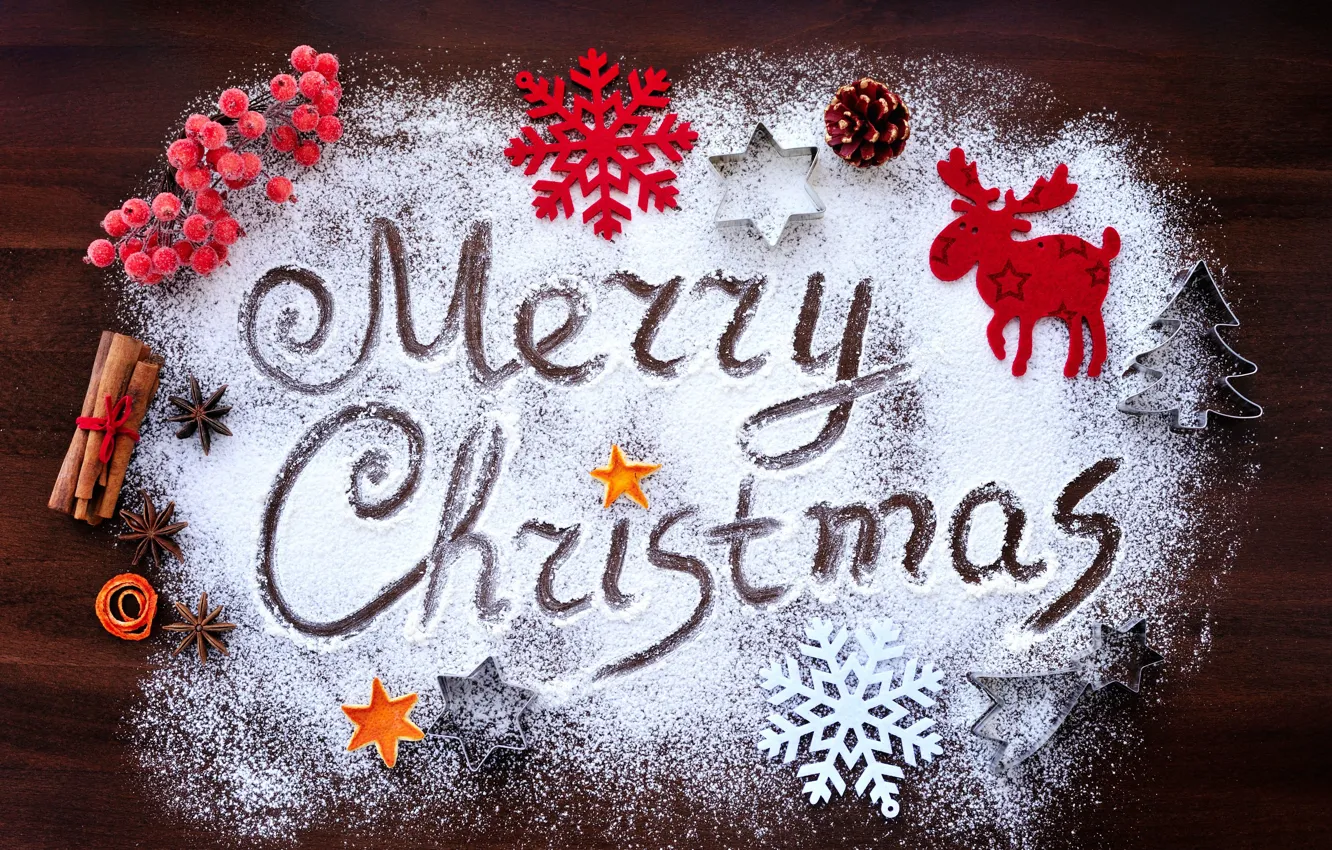 Photo wallpaper snowflakes, holiday, the inscription, cinnamon, Merry Christmas