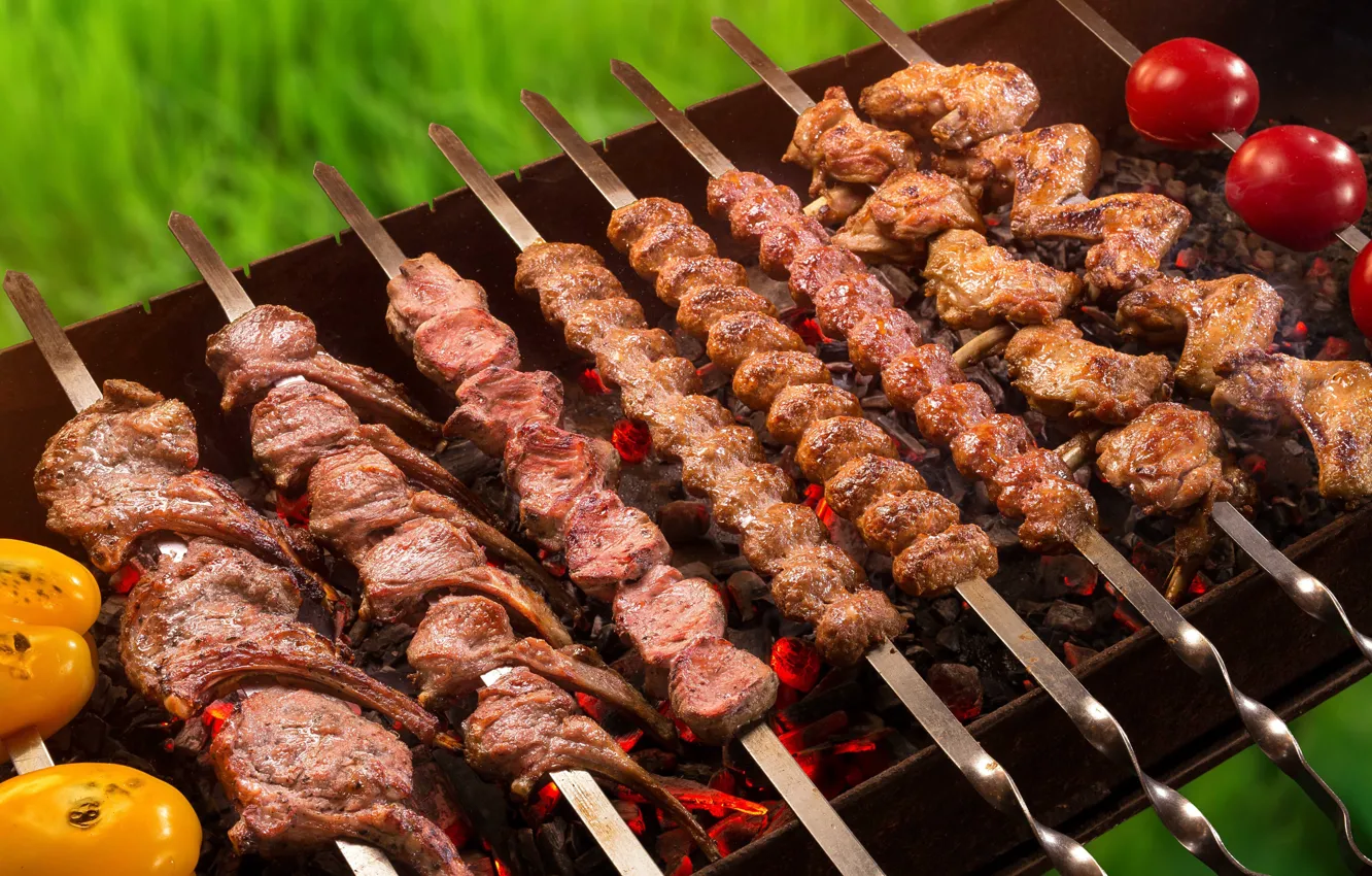 Photo wallpaper meat, vegetables, kebab, grill