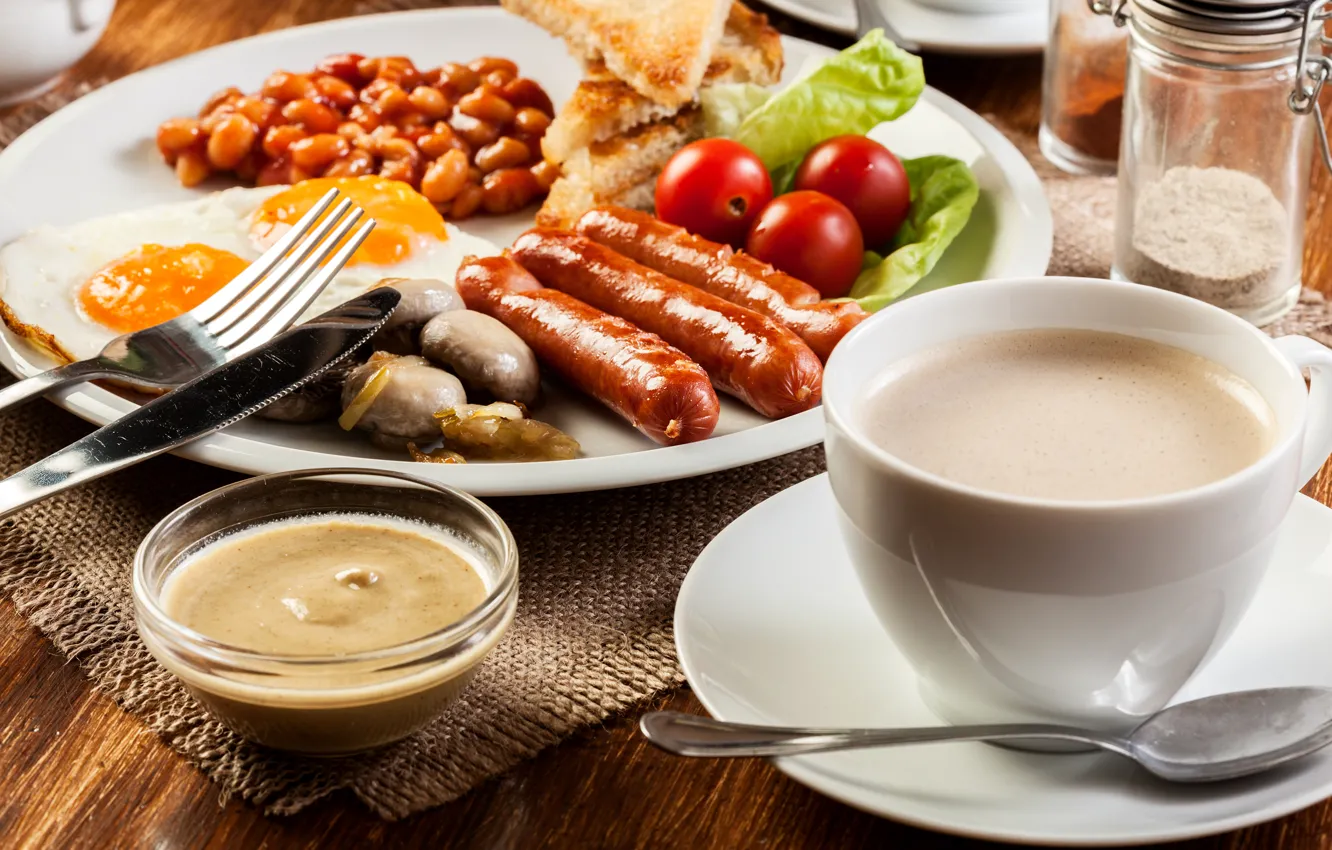 Photo wallpaper photo, coffee, food, Cup, still life, scrambled eggs, tomatoes, sausage
