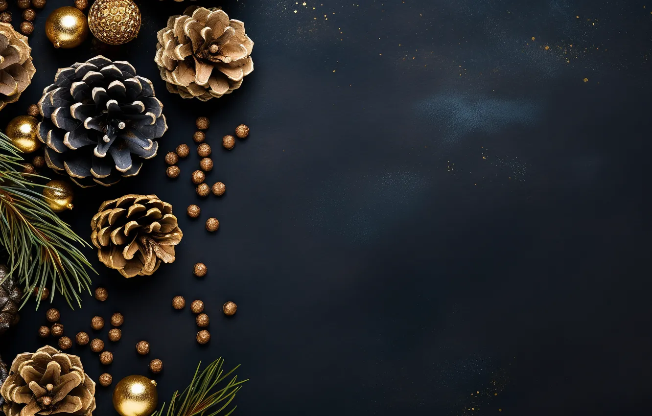 Photo wallpaper balls, branches, new year, Christmas, gold, gold plated, needles, bumps