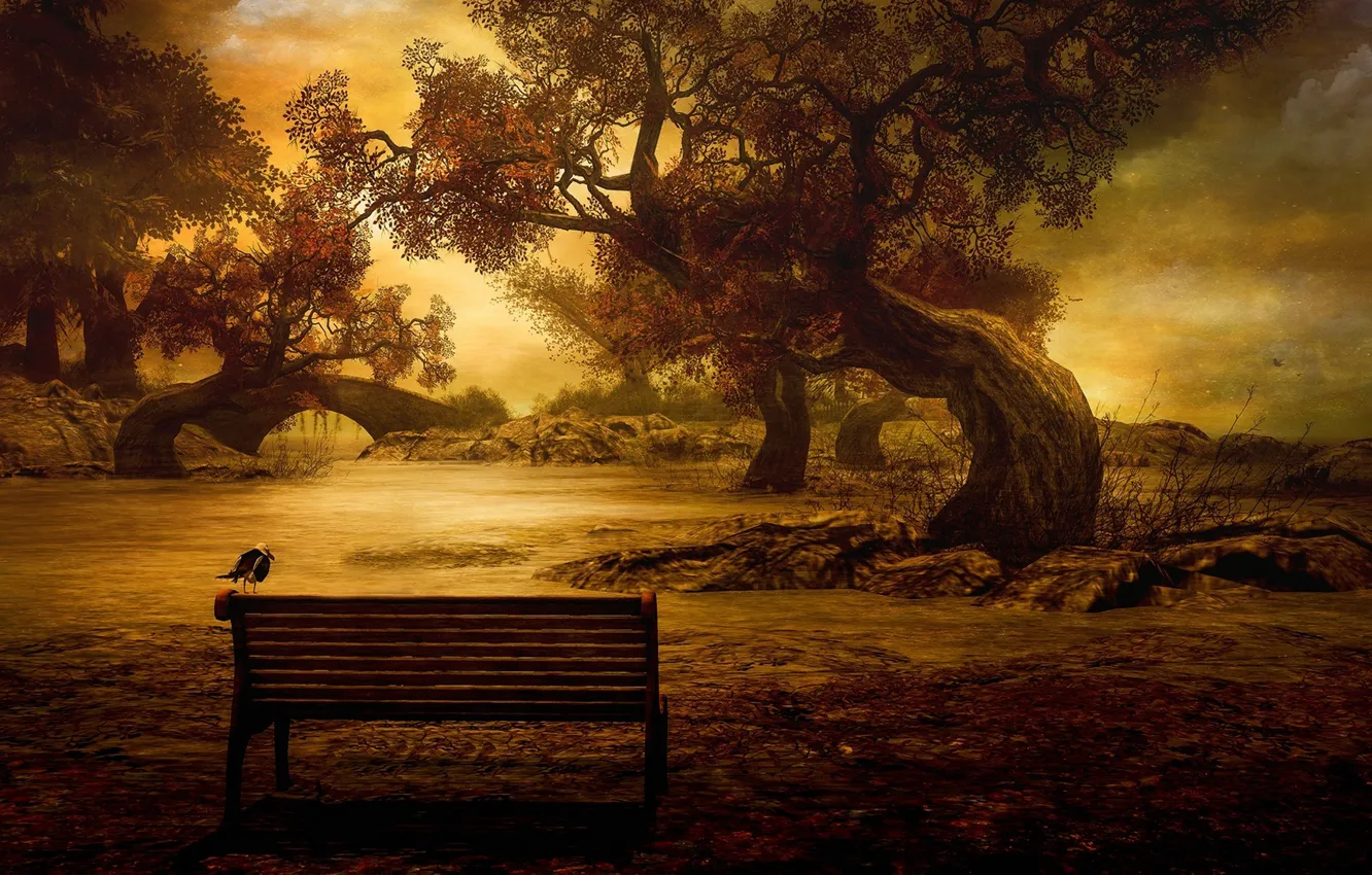 Photo wallpaper autumn, trees, bench, bridge, river, bird