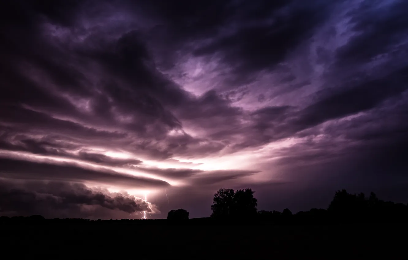 Photo wallpaper the storm, field, purple, the sky, clouds, lightning, the evening