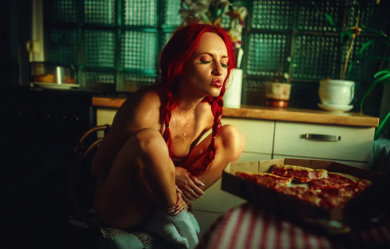Photo wallpaper pose, kitchen, braids, red, pizza