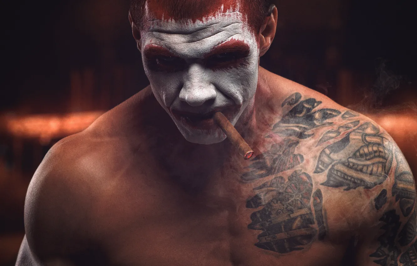 Photo wallpaper face, clown, tattoo, cigar, shoulders, makeup, Sergey Stepanov