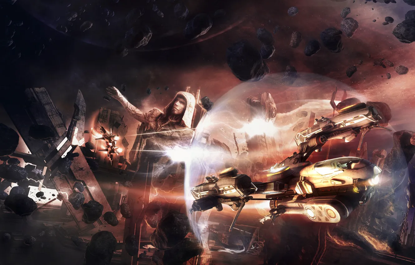 Photo wallpaper asteroids, flying machine, Space remains