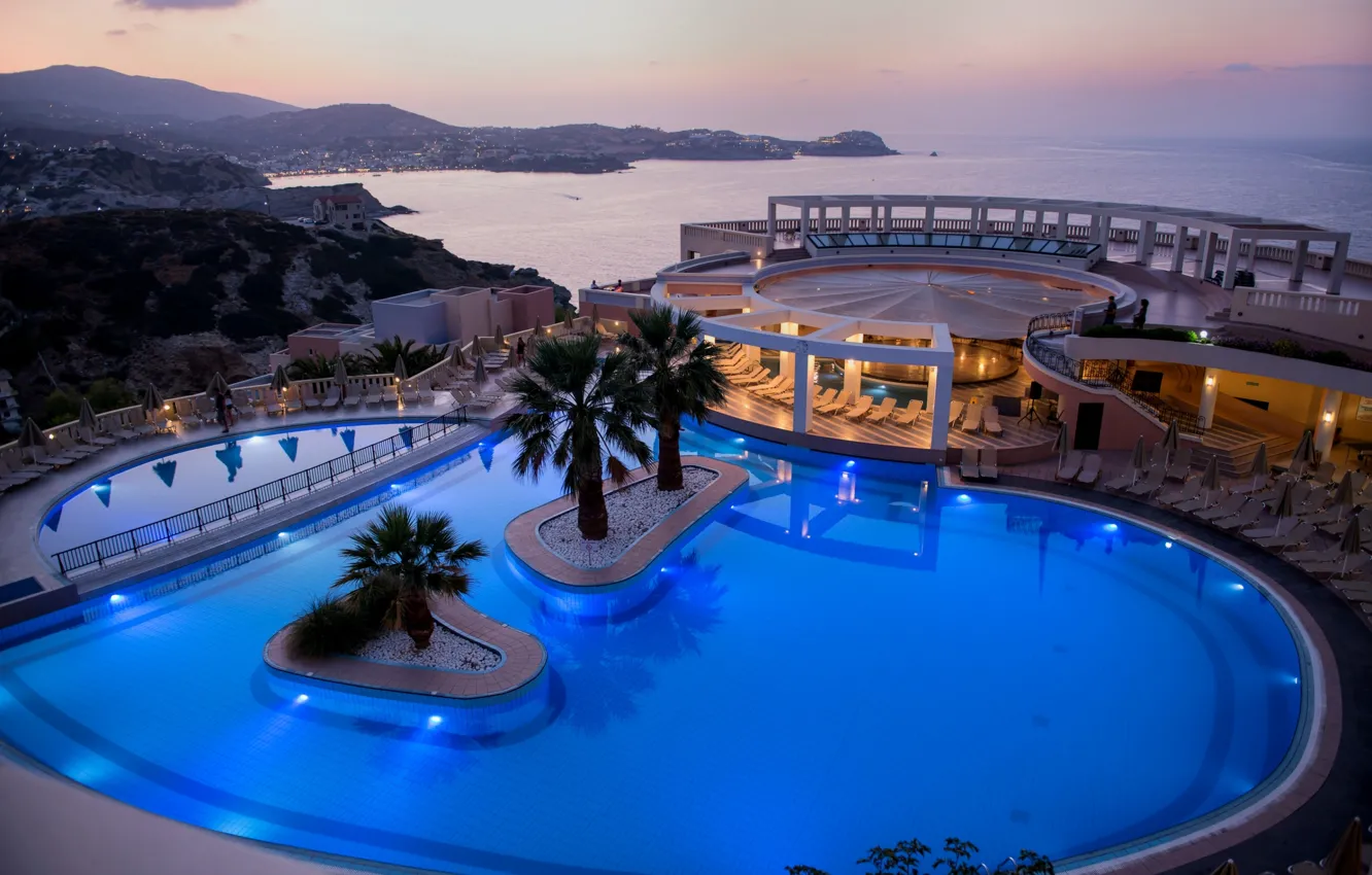 Photo wallpaper sea, palm trees, the evening, pool, Greece, hotel Athina
