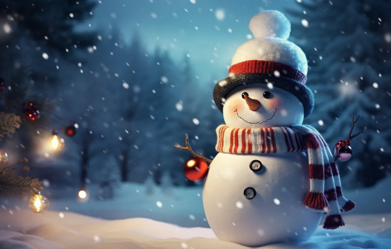 Photo wallpaper winter, snow, new year, Christmas, snowman, Christmas, night, winter