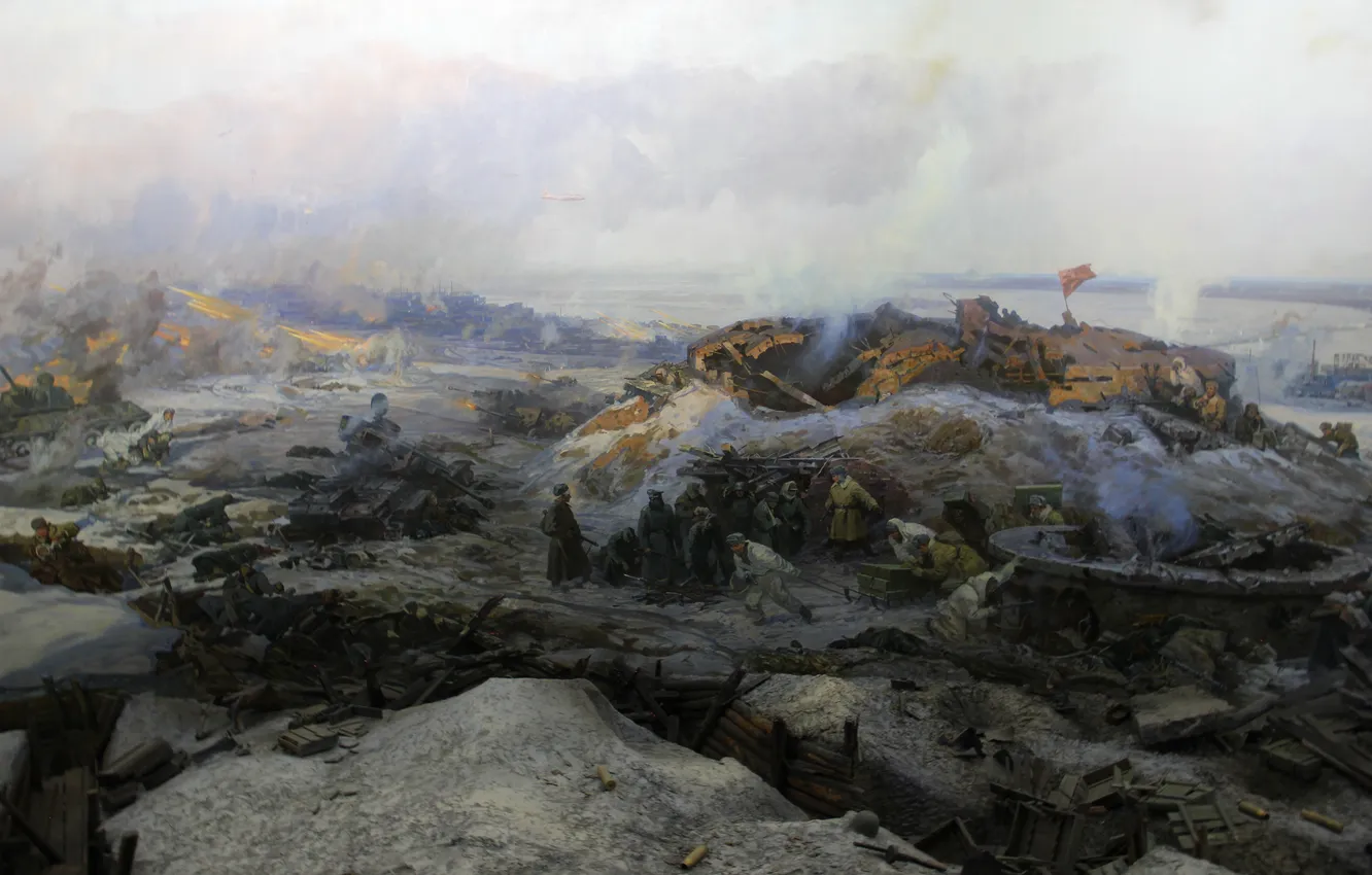 Photo wallpaper Winter, Snow, War, Panorama, Picture, Soldiers, Fragment, Russian