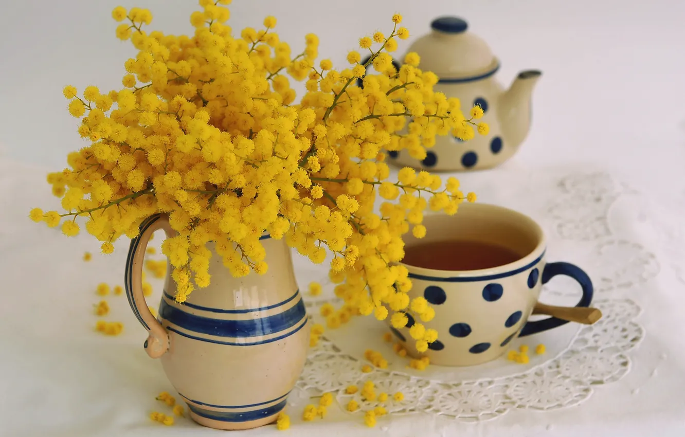 Photo wallpaper style, tea, bouquet, mug, Cup, pitcher, Mimosa, Acacia silver
