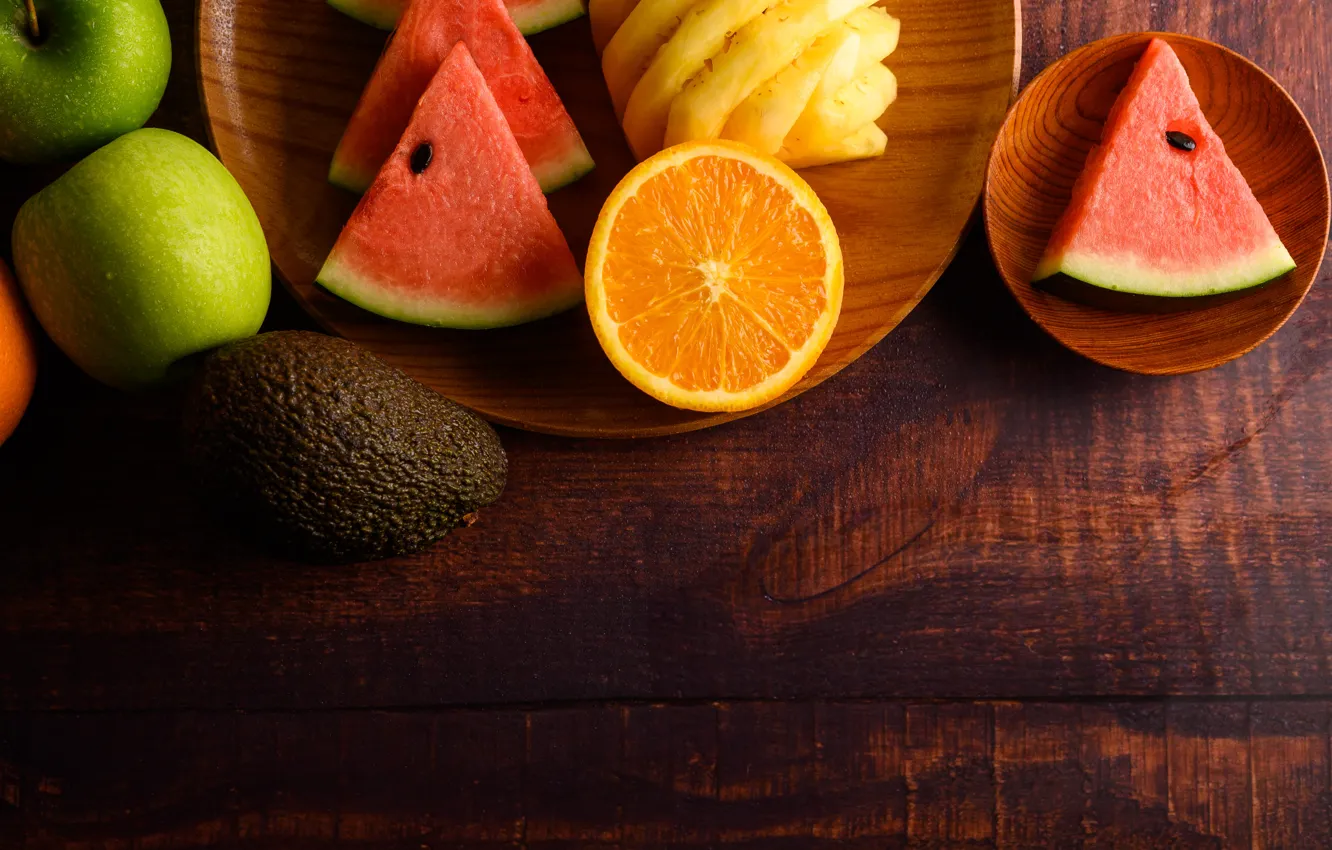 Photo wallpaper apples, Board, orange, watermelon, plate, fruit, mango, slices