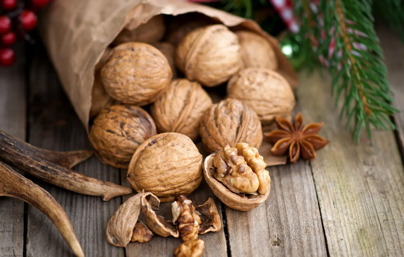 Photo wallpaper sprig, nuts, walnut, star anise, Anis, Christmas