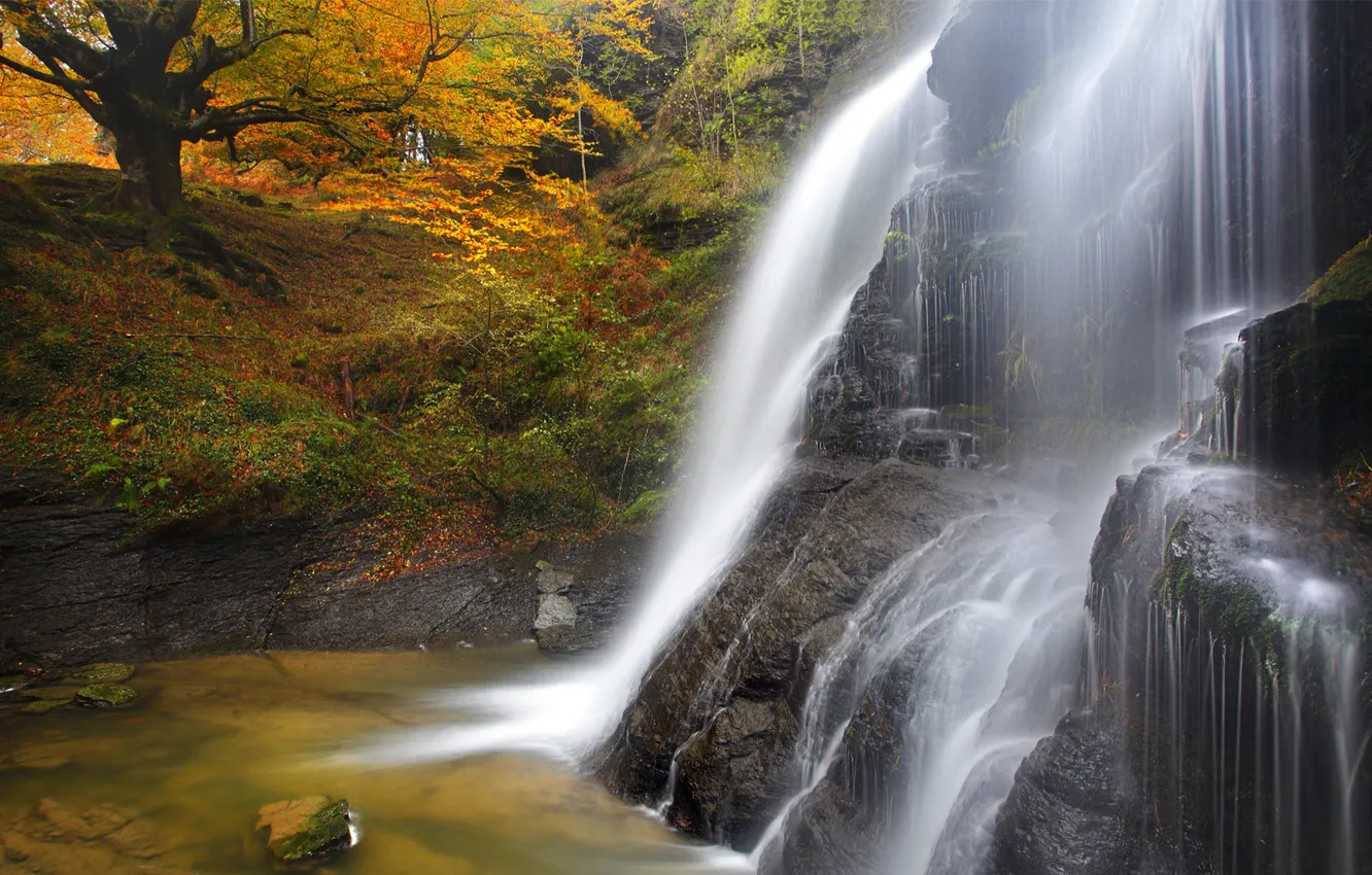 Photo wallpaper autumn, nature, stones, waterfall