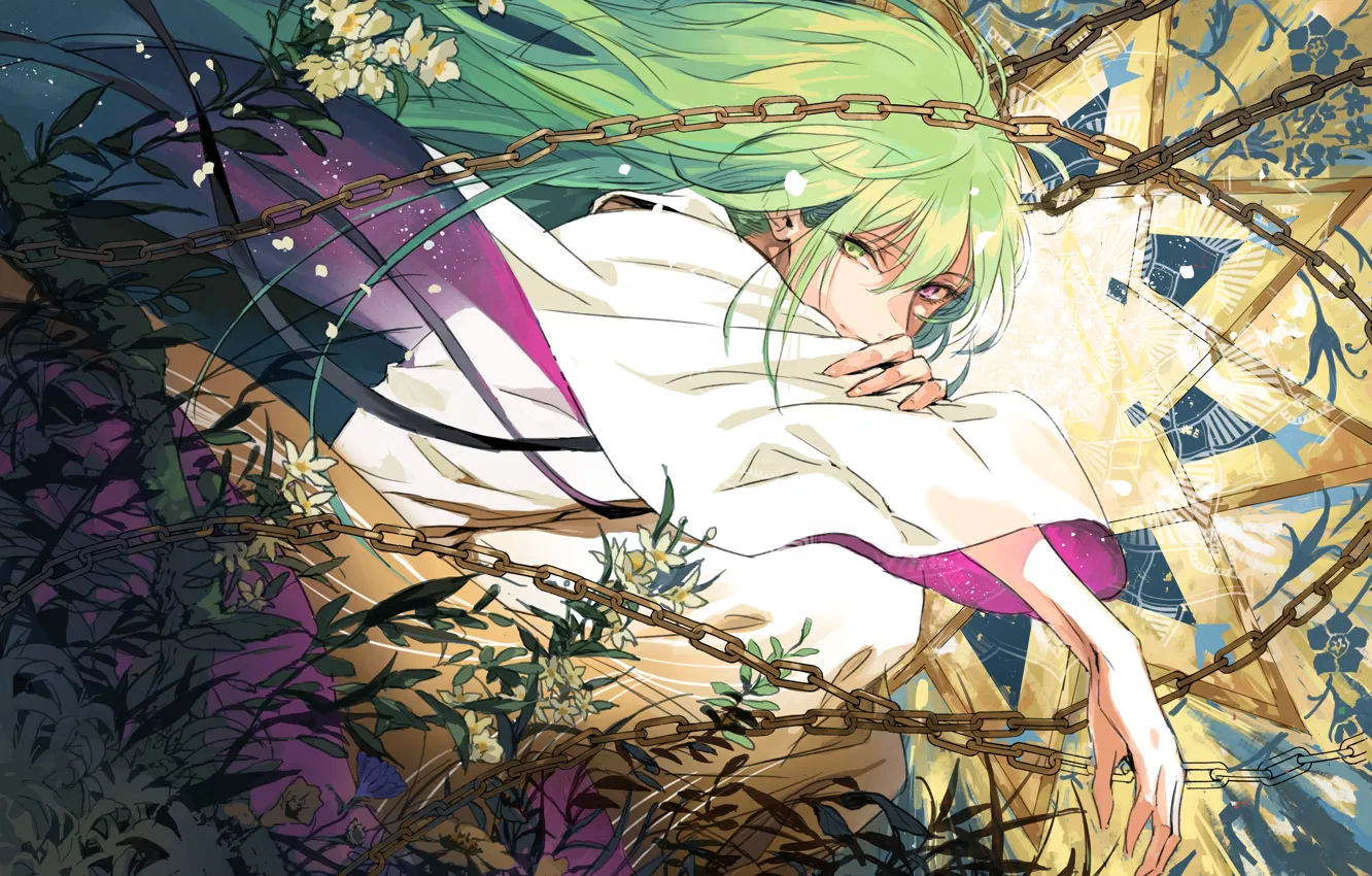 Photo wallpaper lights, hands, chain, guy, green hair, white flowers, Fate / Grand Order, Enkidu