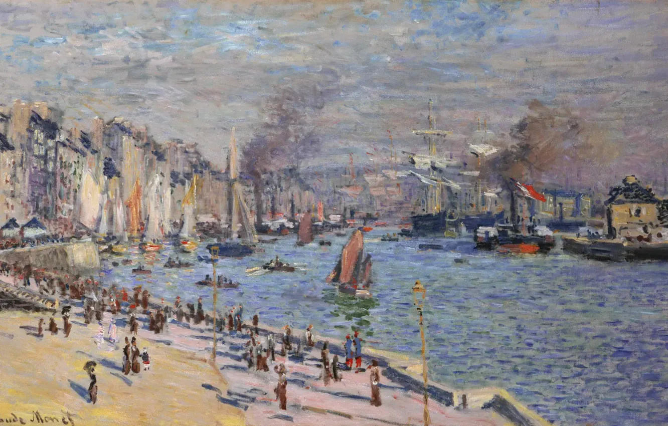 Photo wallpaper the sky, landscape, the city, river, shore, boat, smoke, people