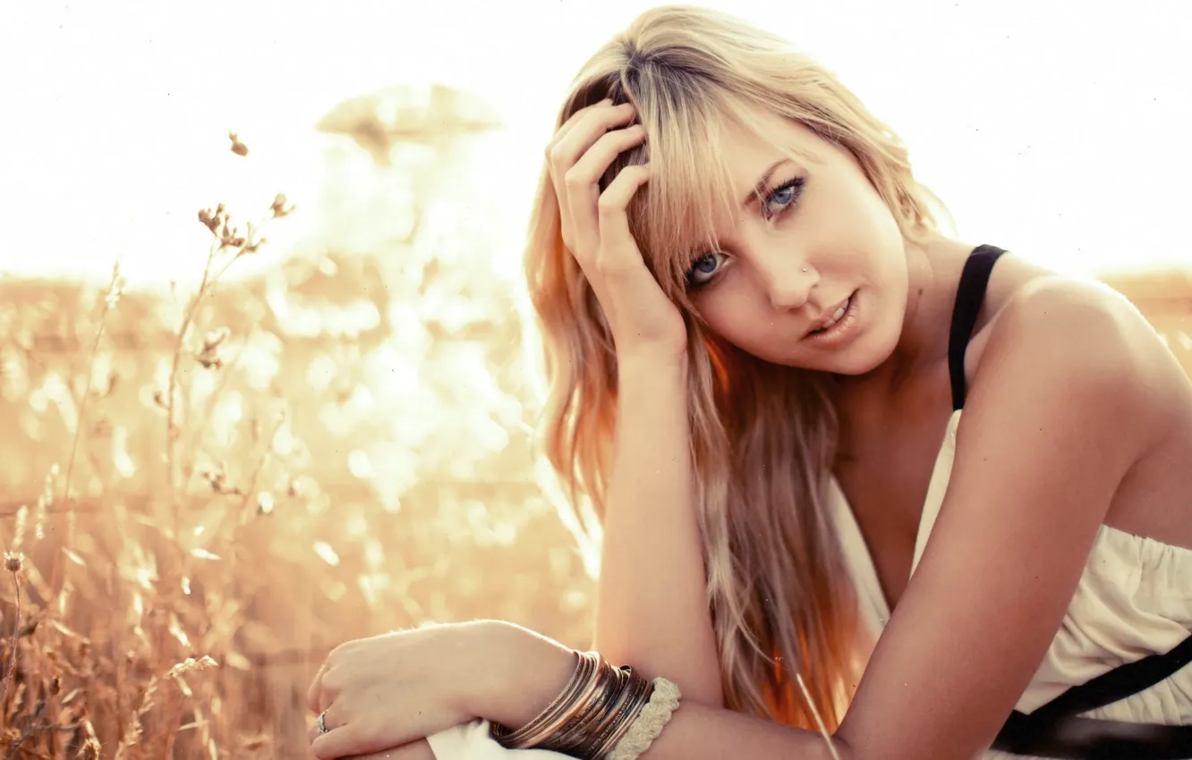 Photo wallpaper grass, girl, nature, model, blonde, bracelet
