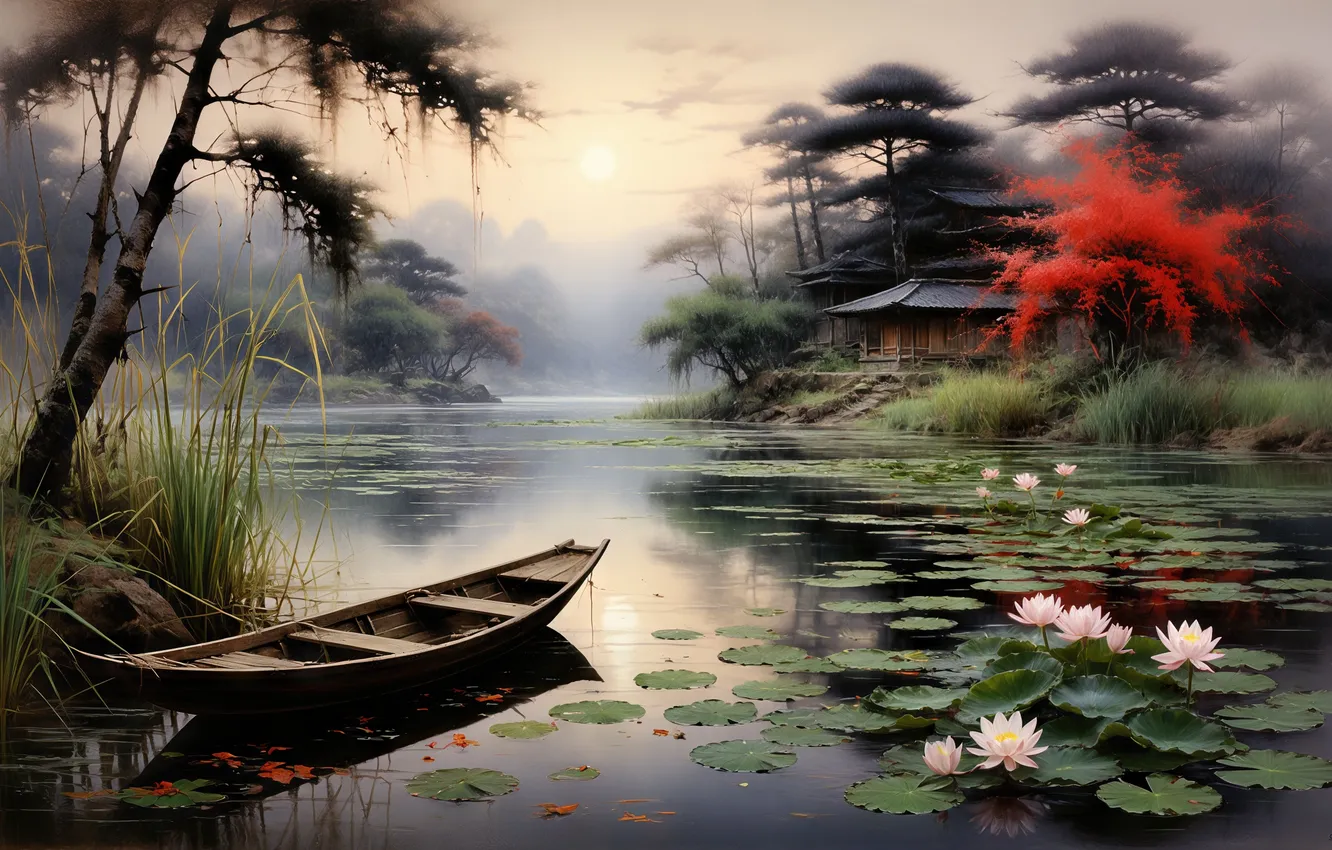 Photo wallpaper water, lake, boat, lilies